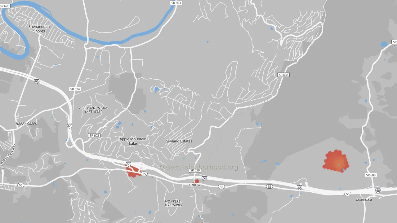 Walk Grade map of Linden, VA, walkable areas in green and car-dependent areas in red
