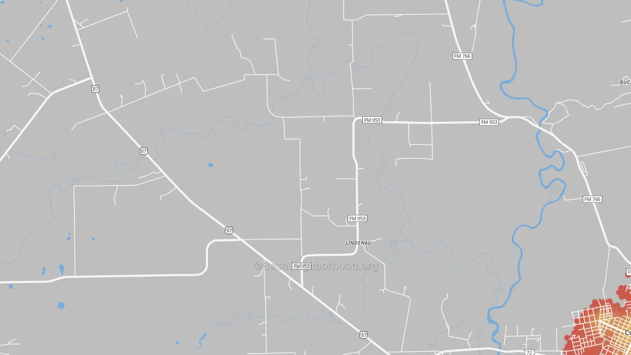 Walk Grade map of Lindenau, TX, walkable areas in green and car-dependent areas in red