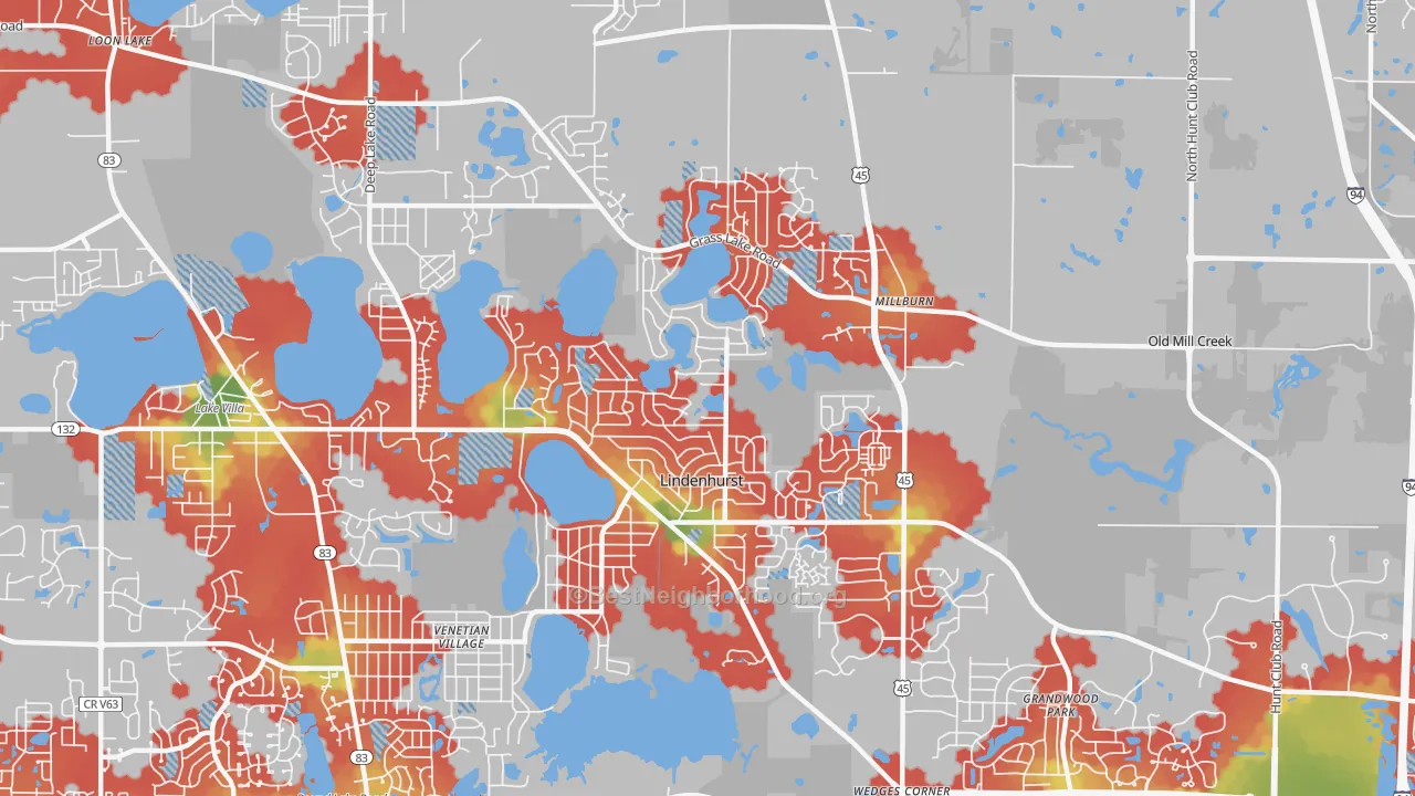 Walk Grade map of Lindenhurst, IL, walkable areas in green and car-dependent areas in red