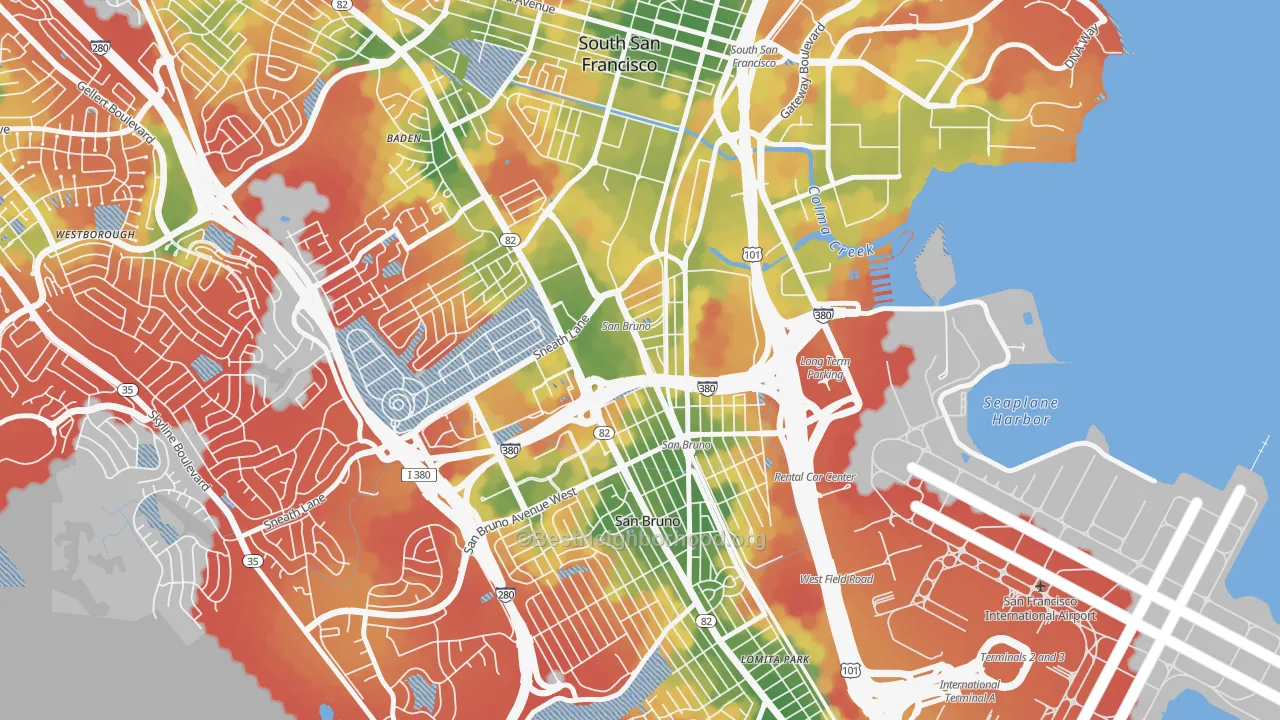 Walk Grade map of Lindenville, South San Francisco, CA, walkable areas in green and car-dependent areas in red