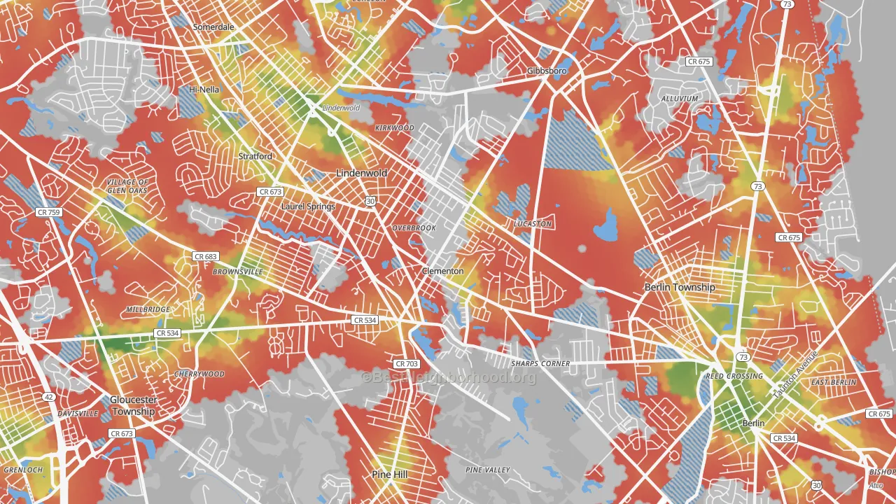 Walk Grade map of Lindenwold, NJ, walkable areas in green and car-dependent areas in red