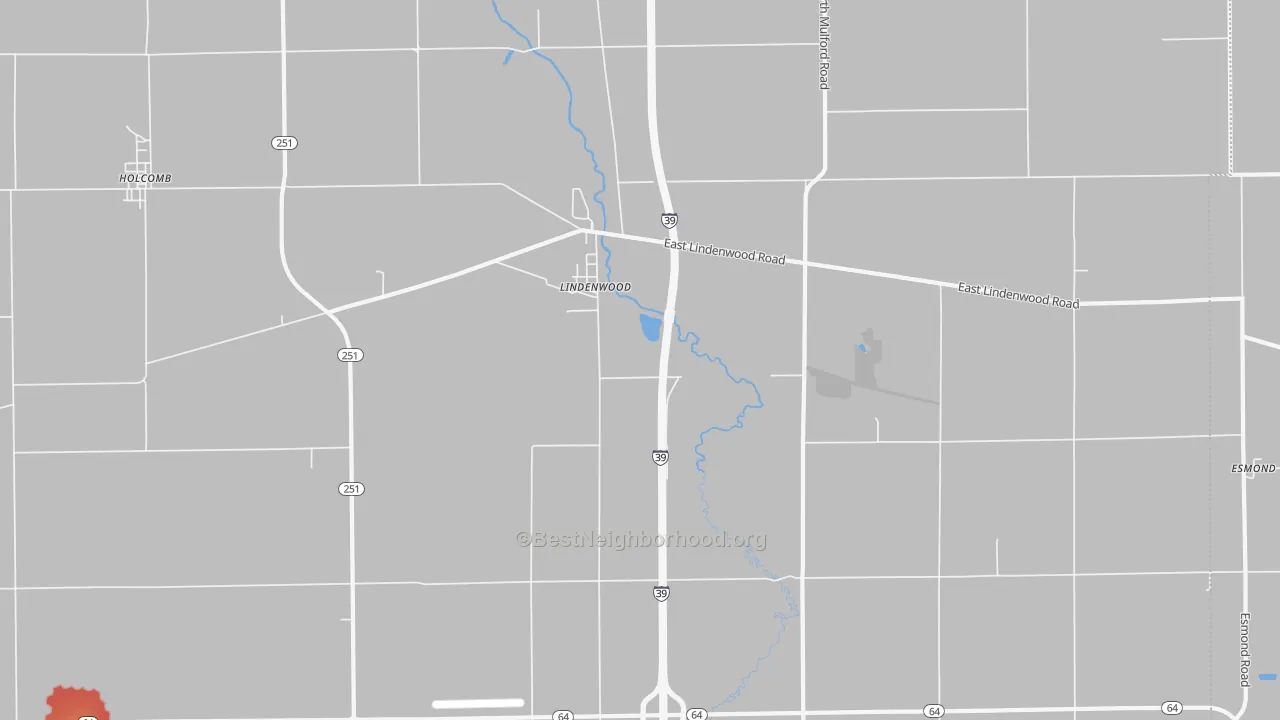 Walk Grade map of Lindenwood, IL, walkable areas in green and car-dependent areas in red