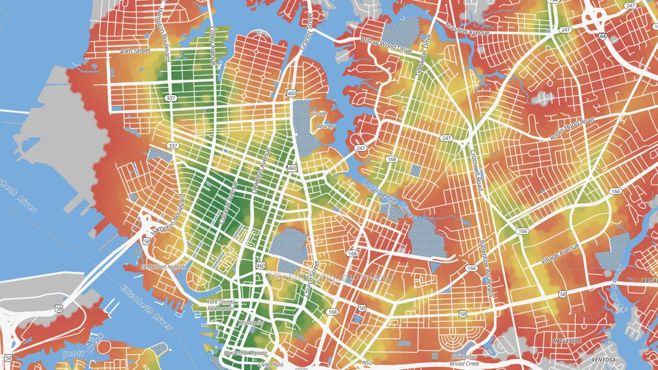 Walk Grade map of Lindenwood, Norfolk, VA, walkable areas in green and car-dependent areas in red