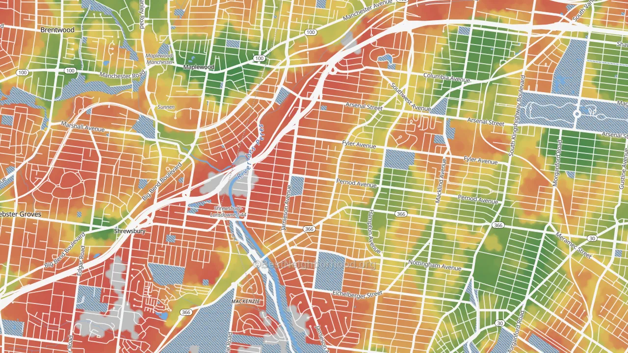 Walk Grade map of Lindenwood Park, St. Louis, MO, walkable areas in green and car-dependent areas in red