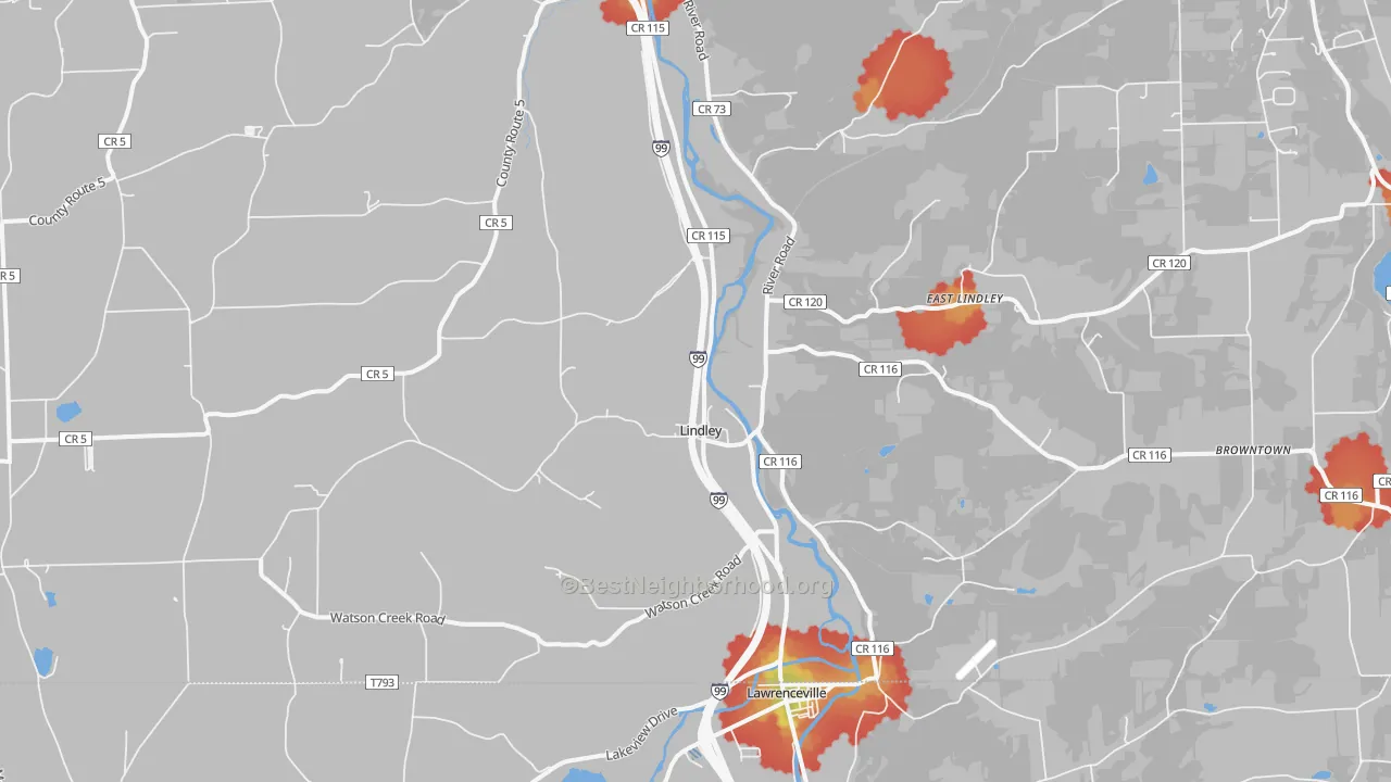 Walk Grade map of Lindley, NY, walkable areas in green and car-dependent areas in red