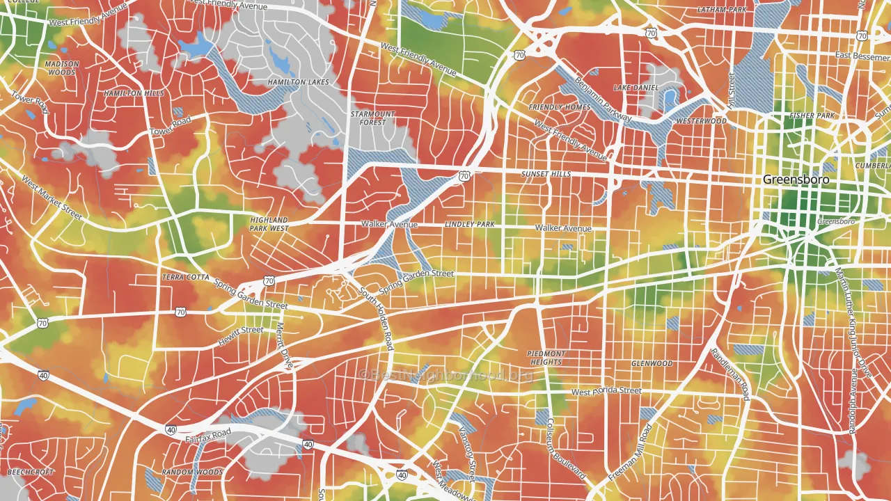 Walk Grade map of Lindley Park, Greensboro, NC, walkable areas in green and car-dependent areas in red