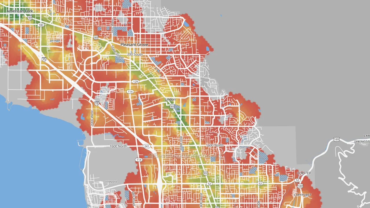 Walk Grade map of Lindon, UT, walkable areas in green and car-dependent areas in red