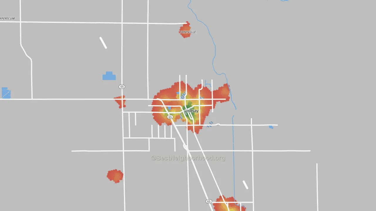Walk Grade map of Lindsay, CA, walkable areas in green and car-dependent areas in red