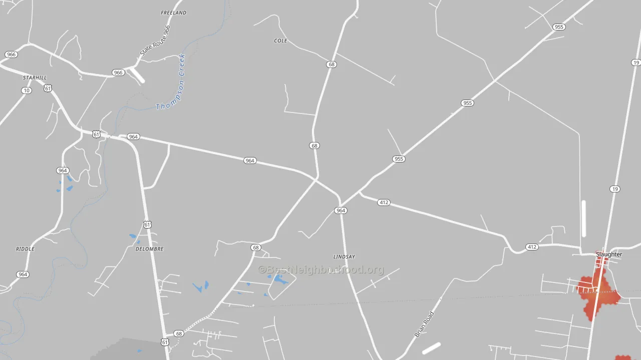 Walk Grade map of Lindsay, LA, walkable areas in green and car-dependent areas in red