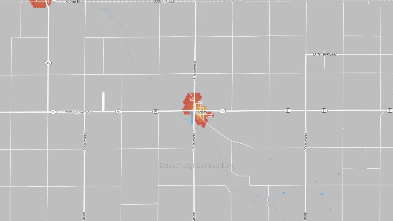 Walk Grade map of Lindsay, NE, walkable areas in green and car-dependent areas in red