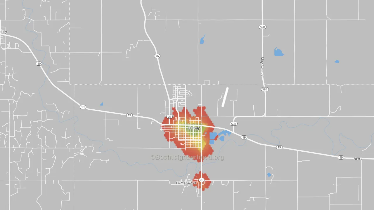 Walk Grade map of Lindsay, OK, walkable areas in green and car-dependent areas in red