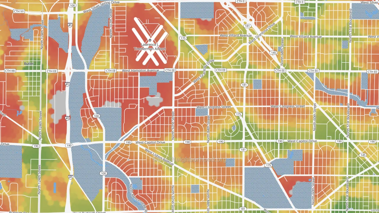 Walk Grade map of Lindsay Park, Milwaukee, WI, walkable areas in green and car-dependent areas in red