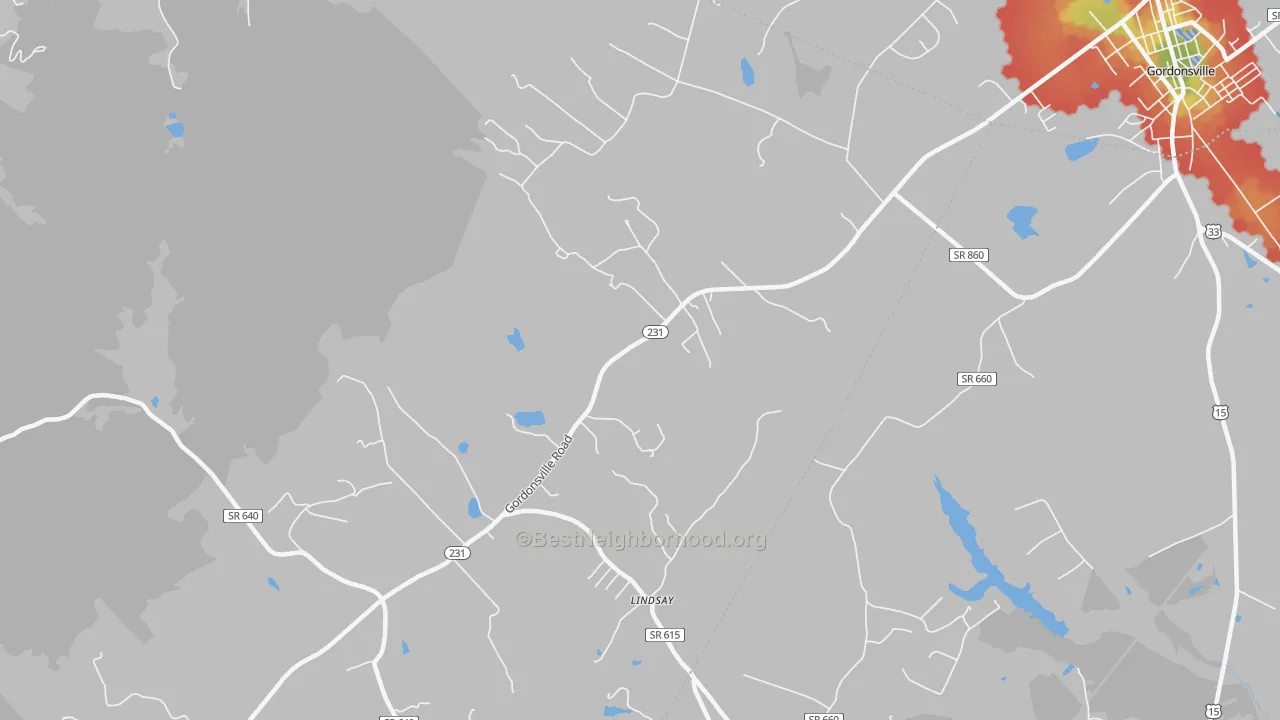 Walk Grade map of Lindsay, VA, walkable areas in green and car-dependent areas in red