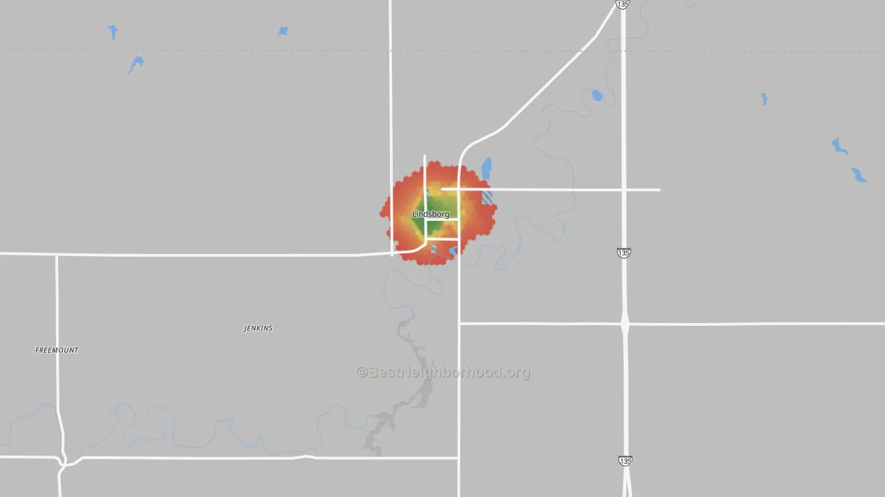 Walk Grade map of Lindsborg, KS, walkable areas in green and car-dependent areas in red