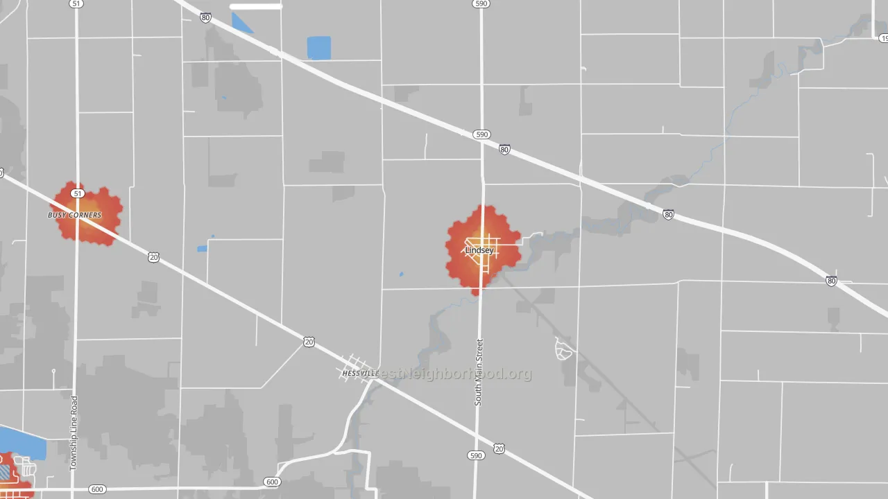 Walk Grade map of Lindsey, OH, walkable areas in green and car-dependent areas in red