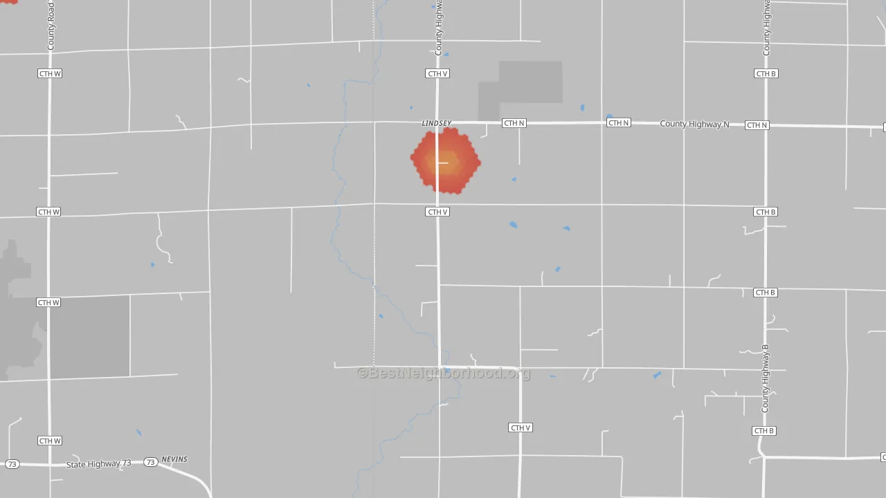 Walk Grade map of Lindsey, WI, walkable areas in green and car-dependent areas in red