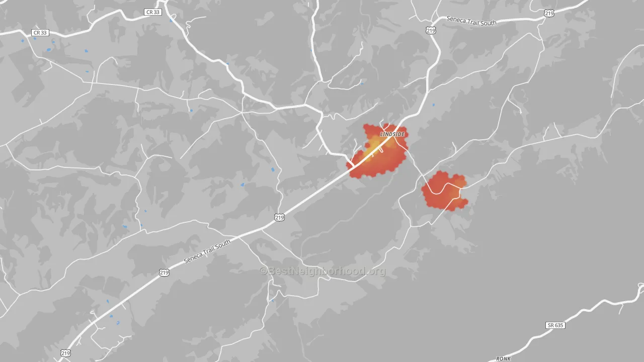 Walk Grade map of Lindside, WV, walkable areas in green and car-dependent areas in red