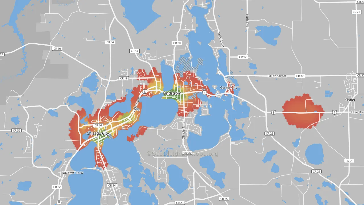 Walk Grade map of Lindstrom, MN, walkable areas in green and car-dependent areas in red