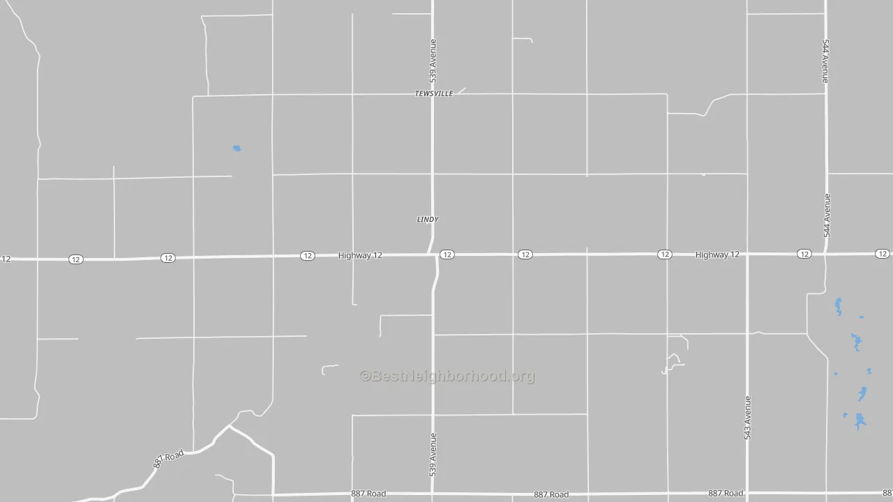 Walk Grade map of Lindy, NE, walkable areas in green and car-dependent areas in red