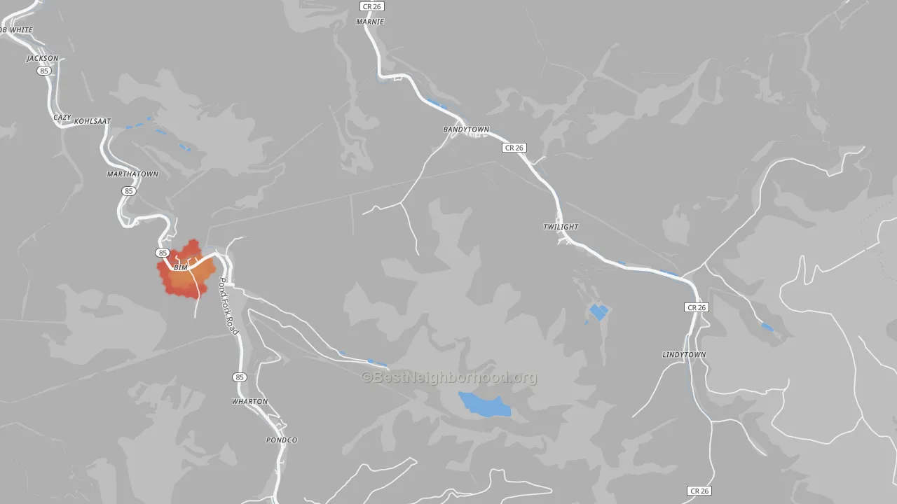 Walk Grade map of Lindytown, WV, walkable areas in green and car-dependent areas in red
