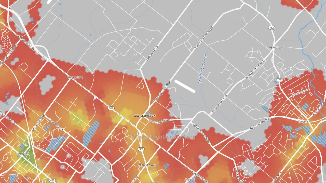 Walk Grade map of Line Lexington, PA, walkable areas in green and car-dependent areas in red