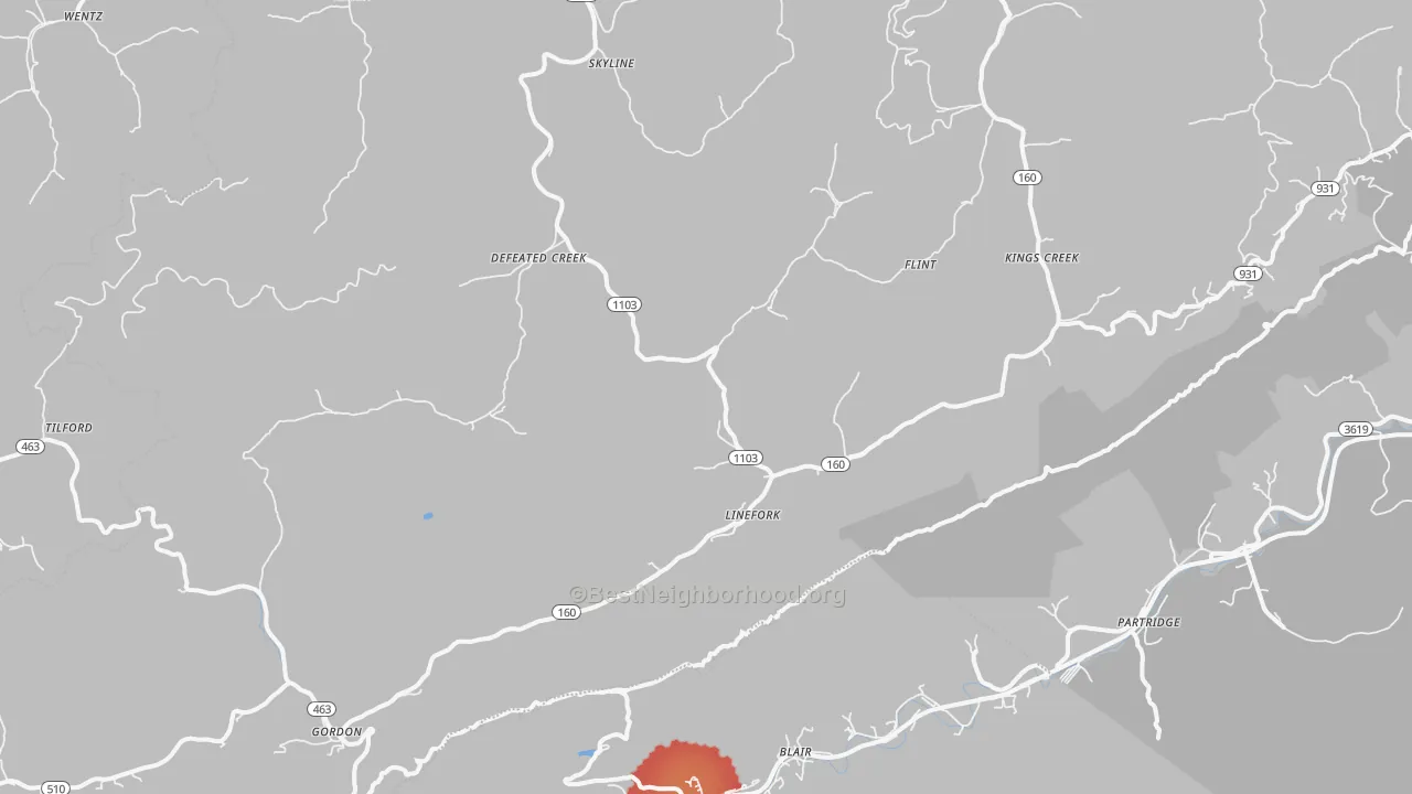 Walk Grade map of Linefork, KY, walkable areas in green and car-dependent areas in red