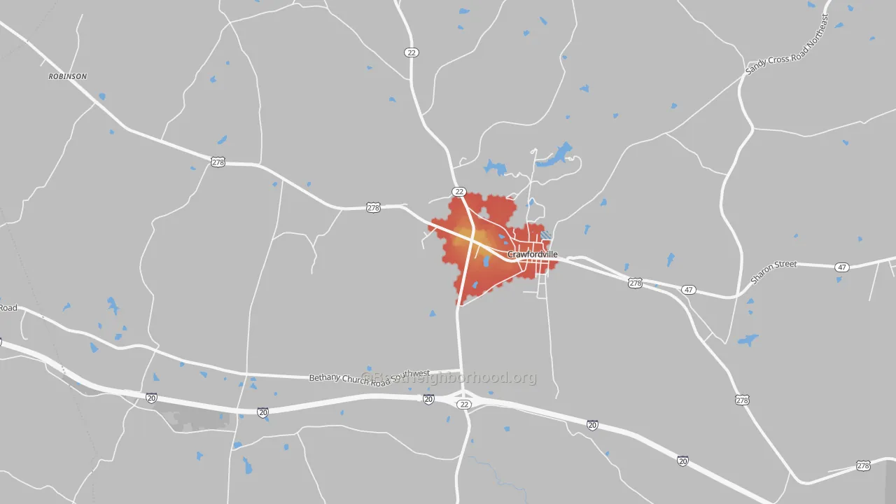 Walk Grade map of Linesville, GA, walkable areas in green and car-dependent areas in red