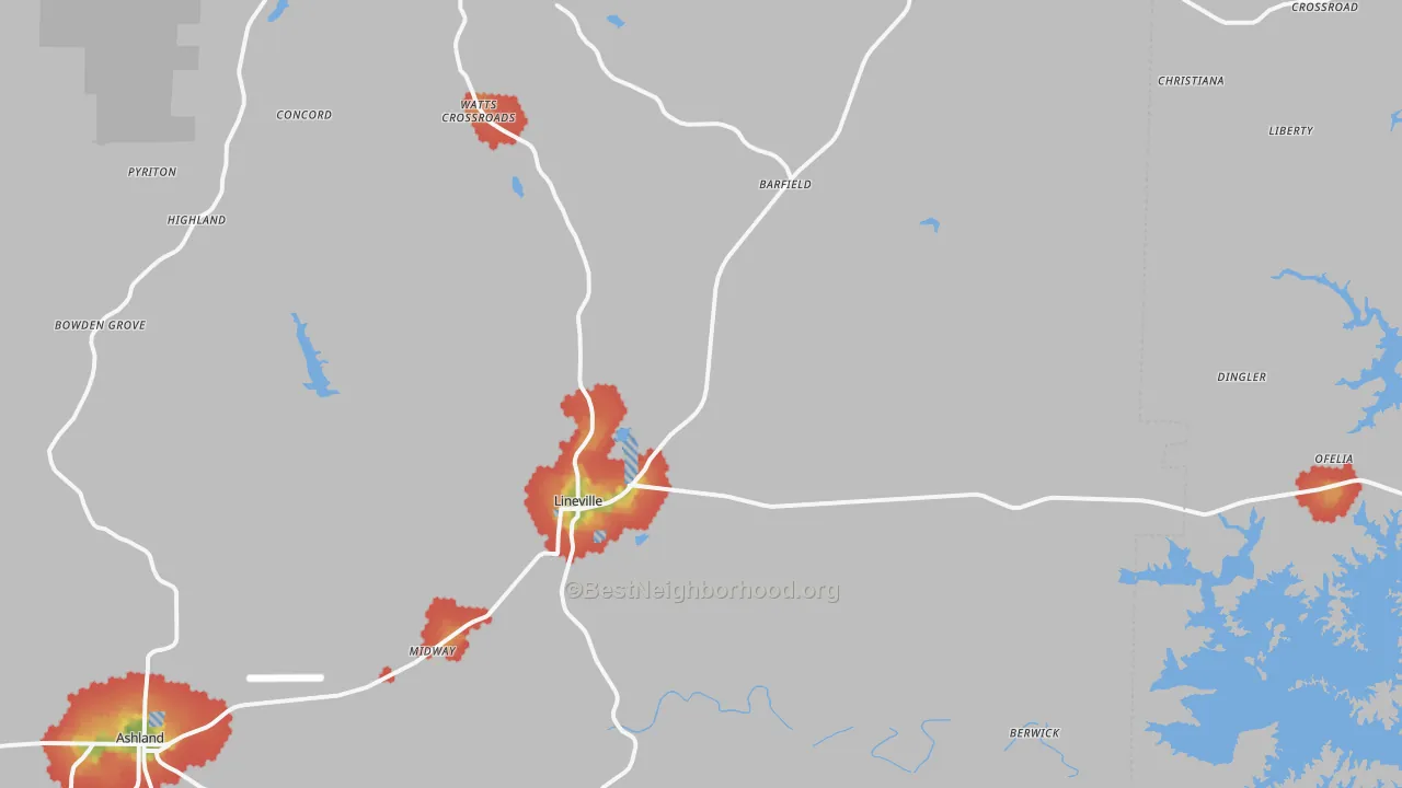 Walk Grade map of Lineville, AL, walkable areas in green and car-dependent areas in red
