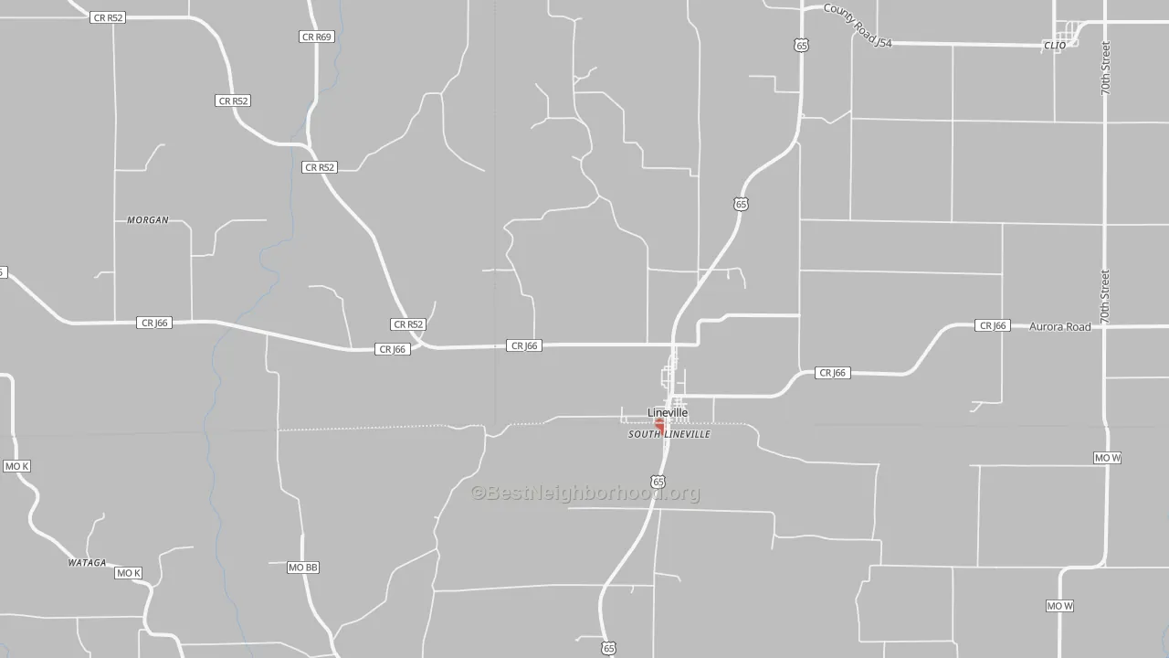Walk Grade map of Lineville, IA, walkable areas in green and car-dependent areas in red