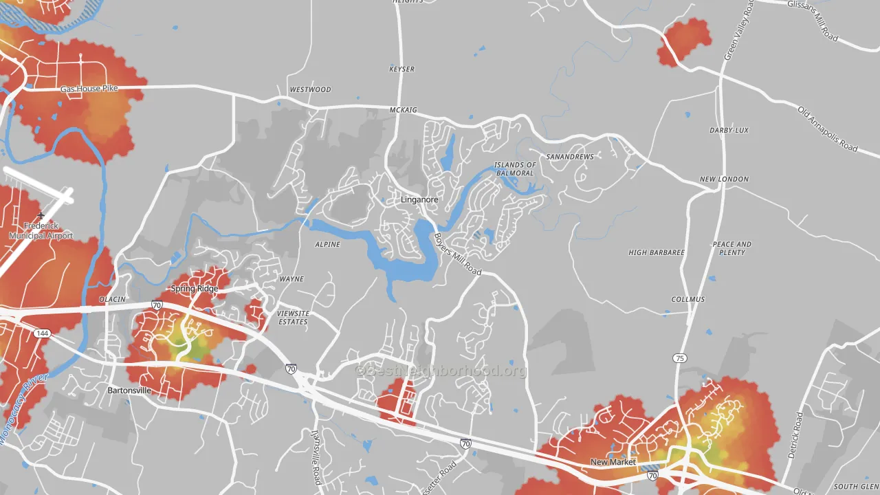 Walk Grade map of Linganore, MD, walkable areas in green and car-dependent areas in red