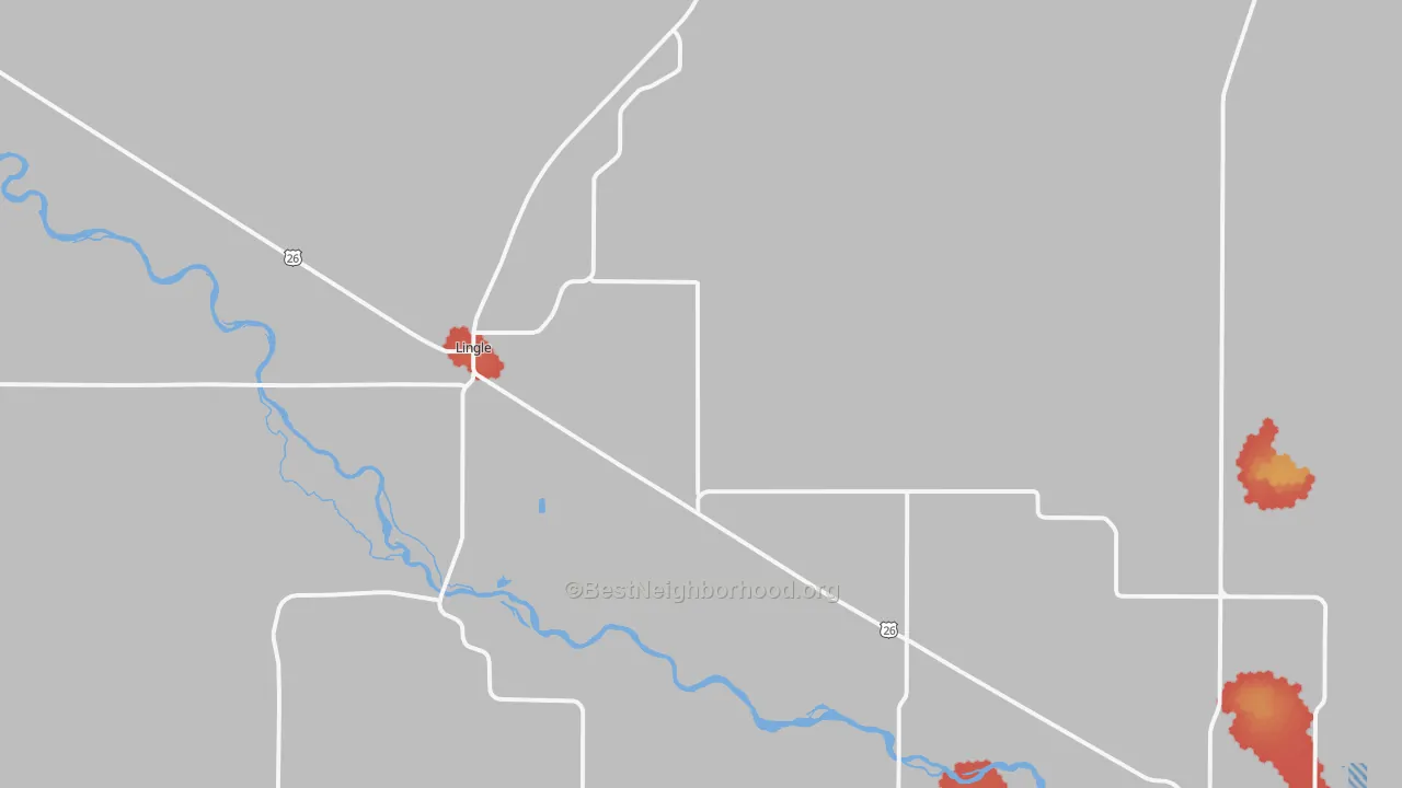 Walk Grade map of Lingle, WY, walkable areas in green and car-dependent areas in red