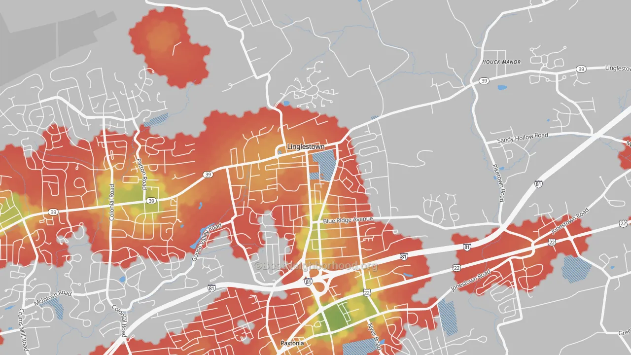 Walk Grade map of Linglestown, PA, walkable areas in green and car-dependent areas in red