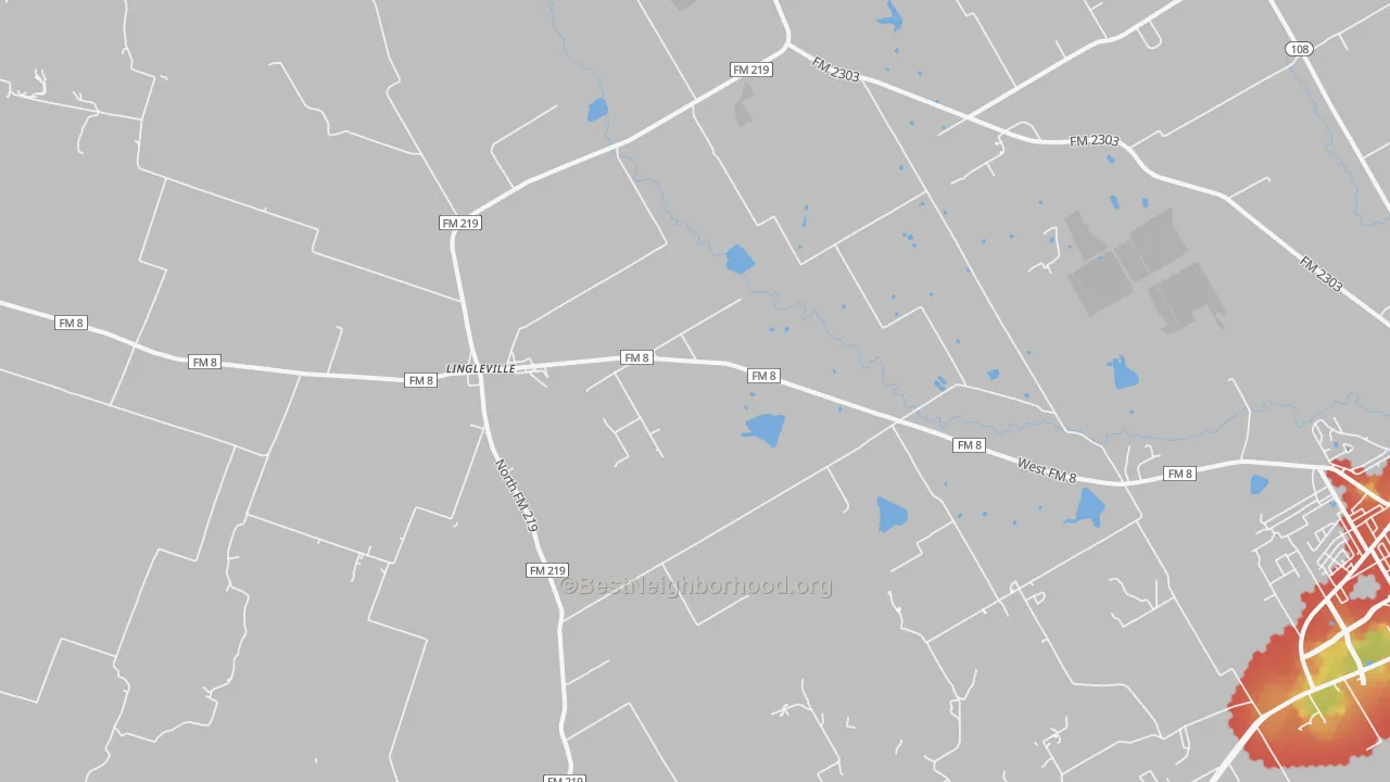 Walk Grade map of Lingleville, TX, walkable areas in green and car-dependent areas in red