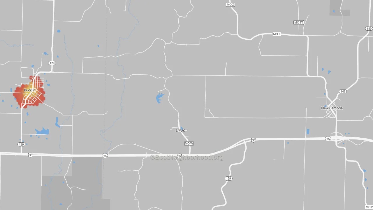 Walk Grade map of Lingo, MO, walkable areas in green and car-dependent areas in red