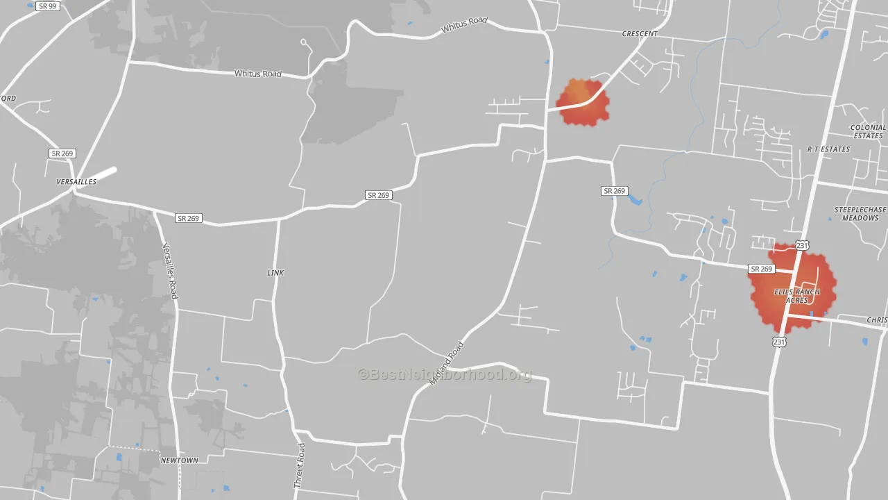 Walk Grade map of Link, TN, walkable areas in green and car-dependent areas in red