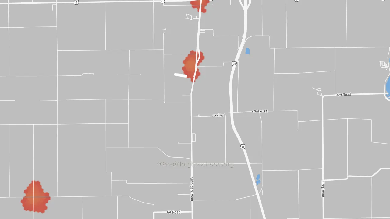 Walk Grade map of Linkville, IN, walkable areas in green and car-dependent areas in red
