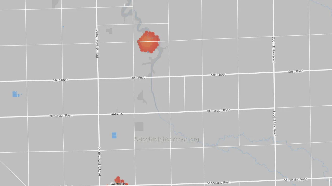 Walk Grade map of Linkville, MI, walkable areas in green and car-dependent areas in red