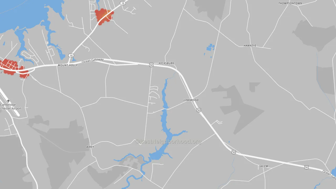 Walk Grade map of Linkwood, MD, walkable areas in green and car-dependent areas in red