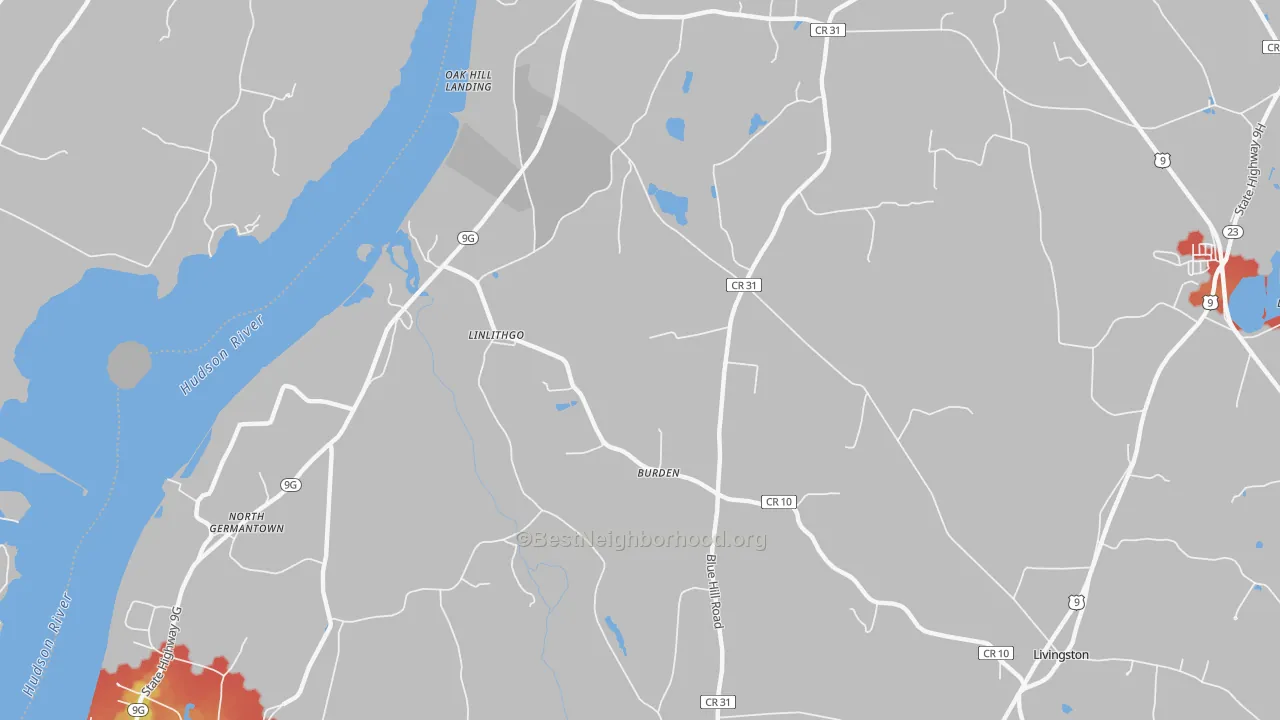 Walk Grade map of Linlithgo, NY, walkable areas in green and car-dependent areas in red
