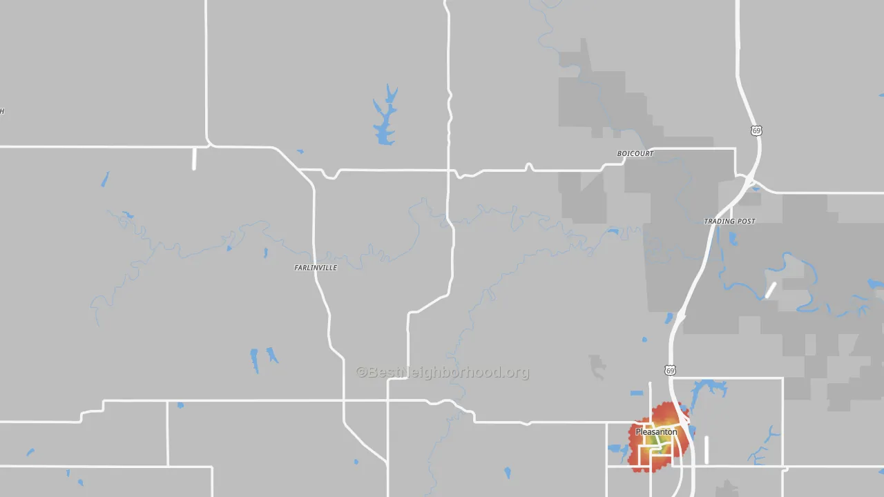 Walk Grade map of Linn County, KS, walkable areas in green and car-dependent areas in red