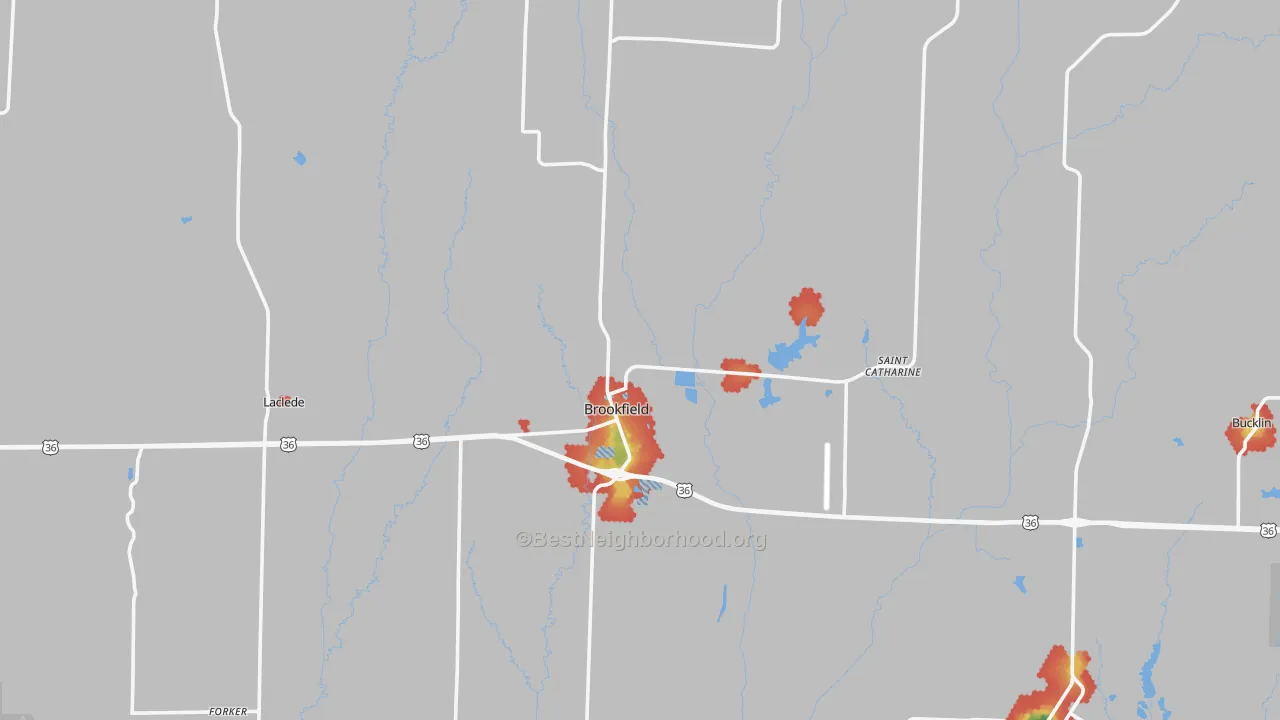 Walk Grade map of Linn County, MO, walkable areas in green and car-dependent areas in red