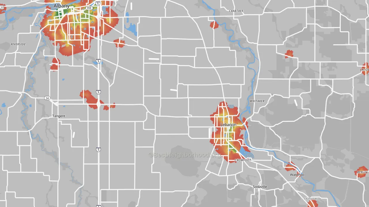 Walk Grade map of Linn County, OR, walkable areas in green and car-dependent areas in red