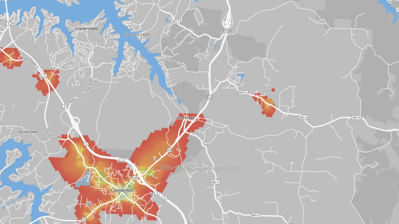 Walk Grade map of Linn Creek, MO, walkable areas in green and car-dependent areas in red