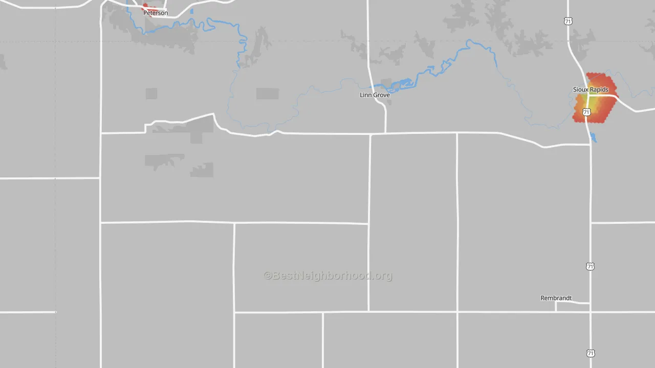 Walk Grade map of Linn Grove, IA, walkable areas in green and car-dependent areas in red