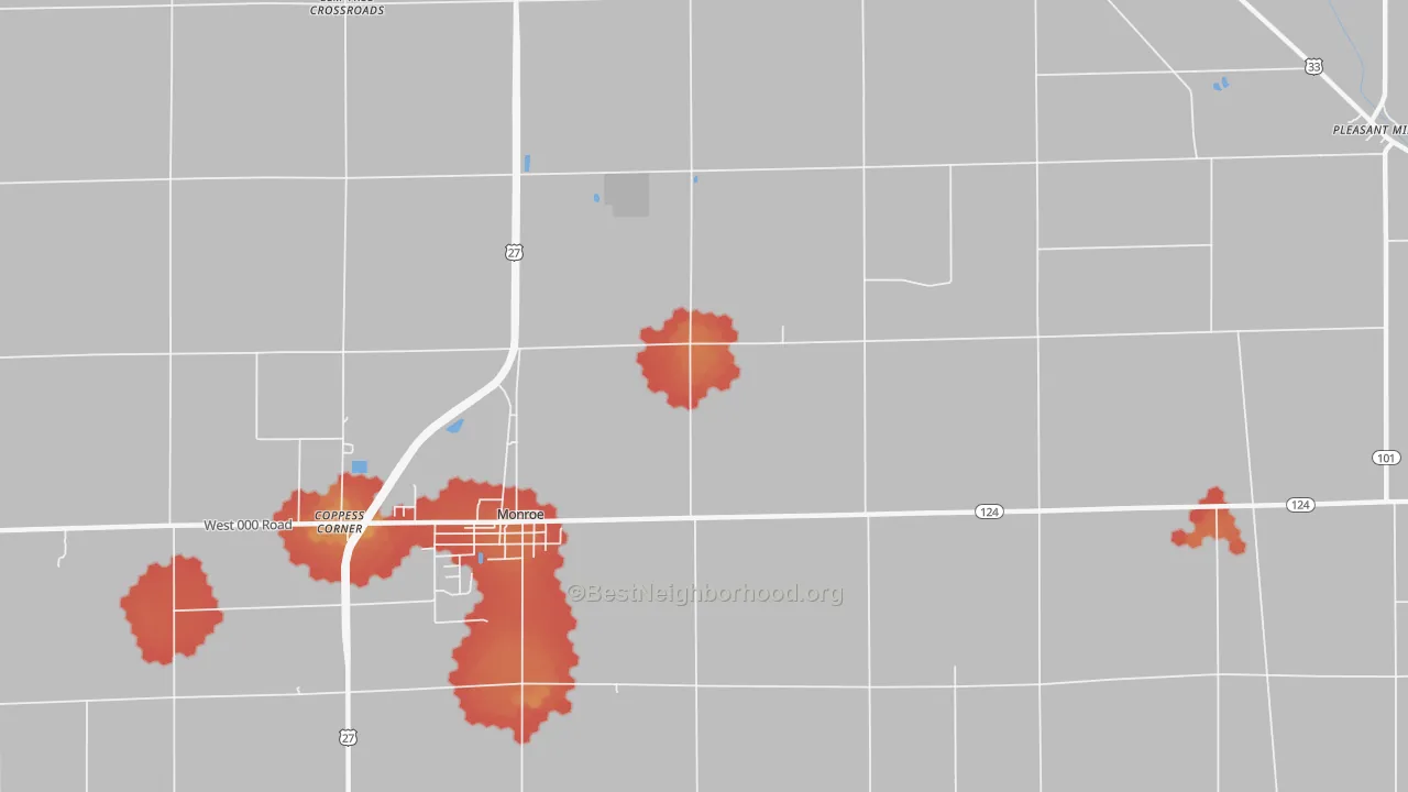 Walk Grade map of Linn Grove, IN, walkable areas in green and car-dependent areas in red