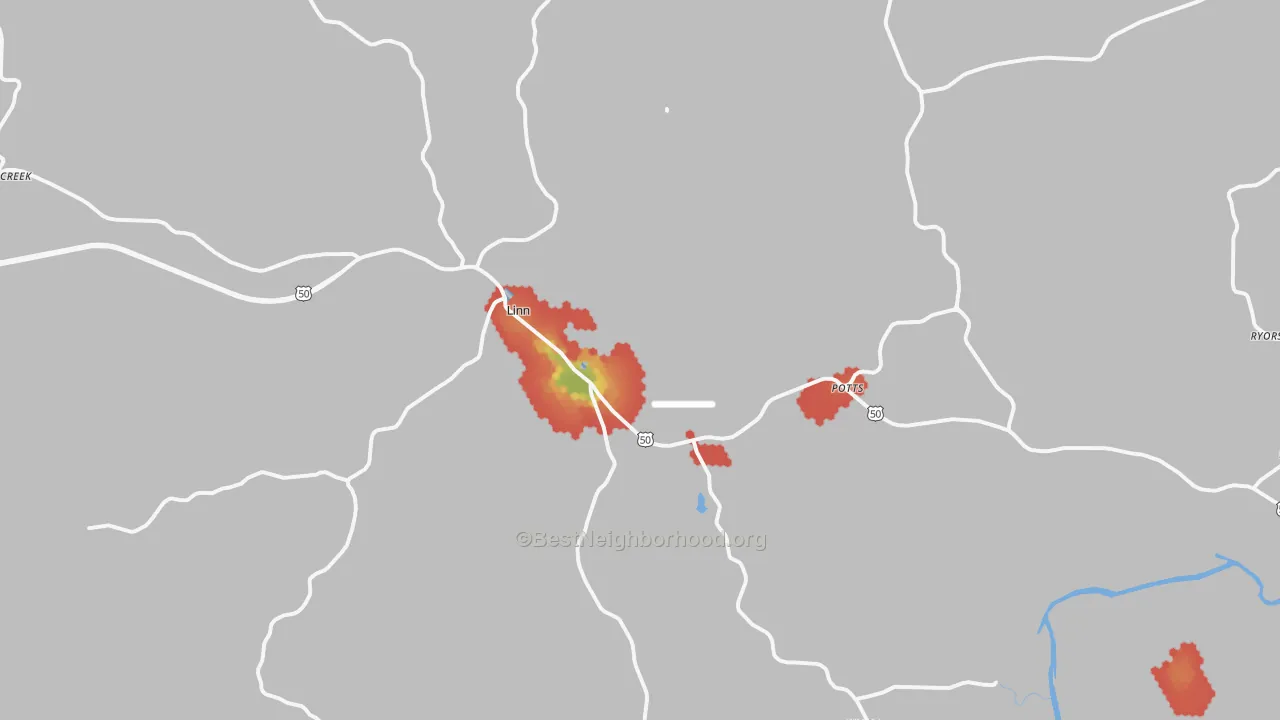 Walk Grade map of Linn, MO, walkable areas in green and car-dependent areas in red