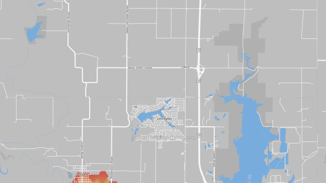 Walk Grade map of Linn Valley, KS, walkable areas in green and car-dependent areas in red