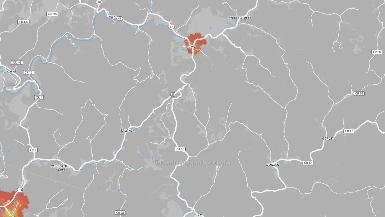 Walk Grade map of Linn, WV, walkable areas in green and car-dependent areas in red