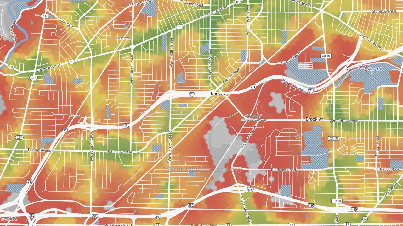 Walk Grade map of Linndale, OH, walkable areas in green and car-dependent areas in red