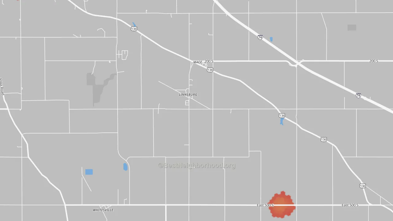 Walk Grade map of Linnsburg, IN, walkable areas in green and car-dependent areas in red